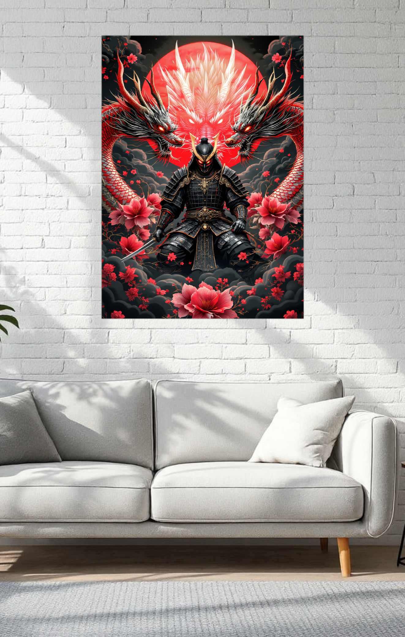 Dragon and samurai artwork on a wall above a white sofa