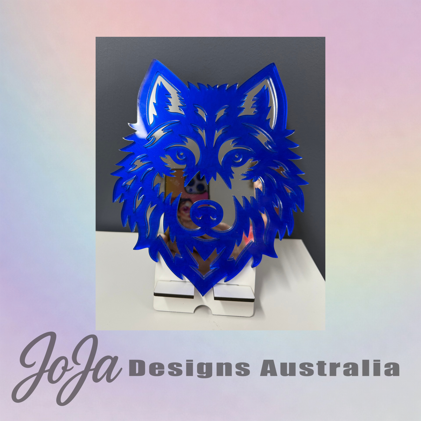 Blue wolf head design on a gray background with 'JoJa Designs Australia' branding.