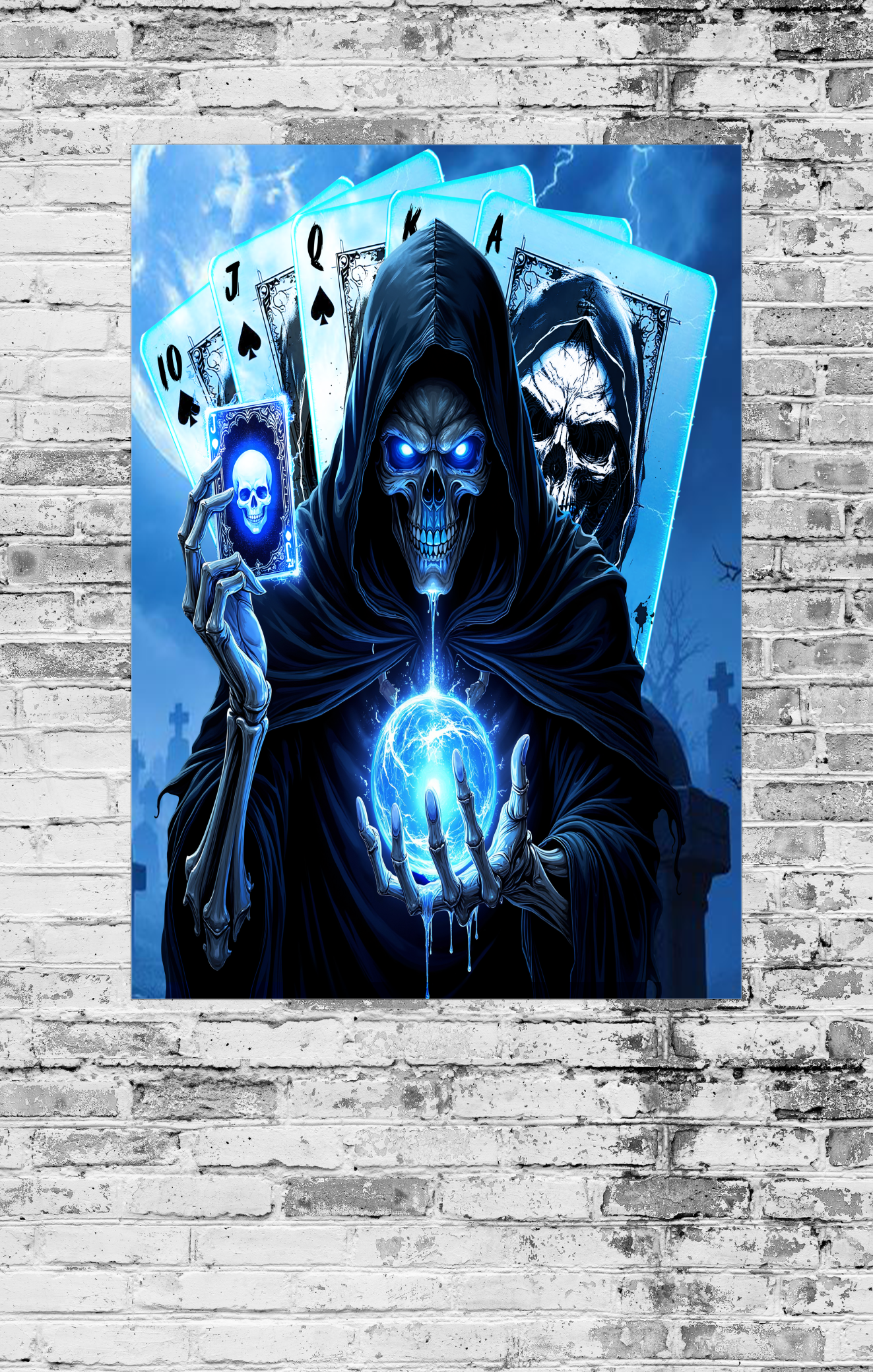 Gothic figure with skull face holding a glowing orb against a blue background with playing cards.