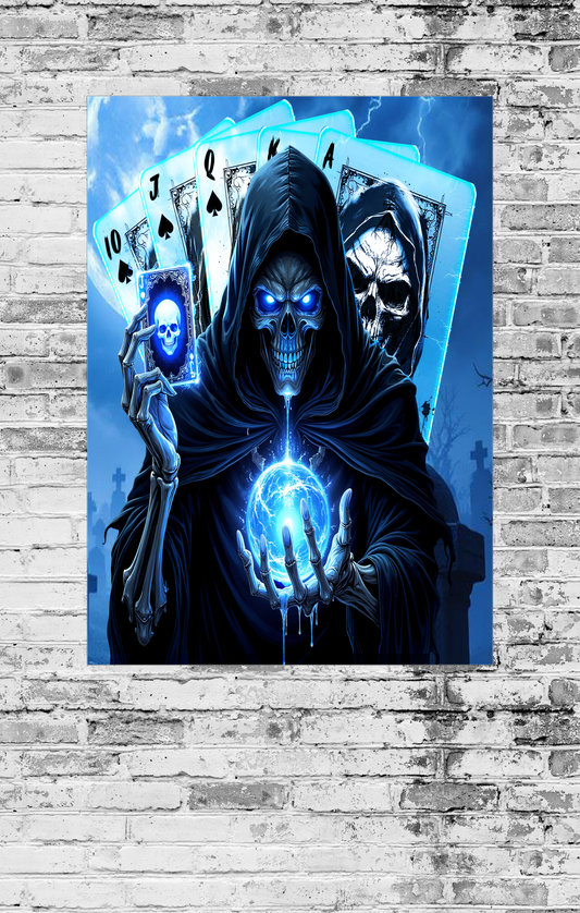 Gothic figure with skull face holding a glowing orb against a blue background with playing cards.