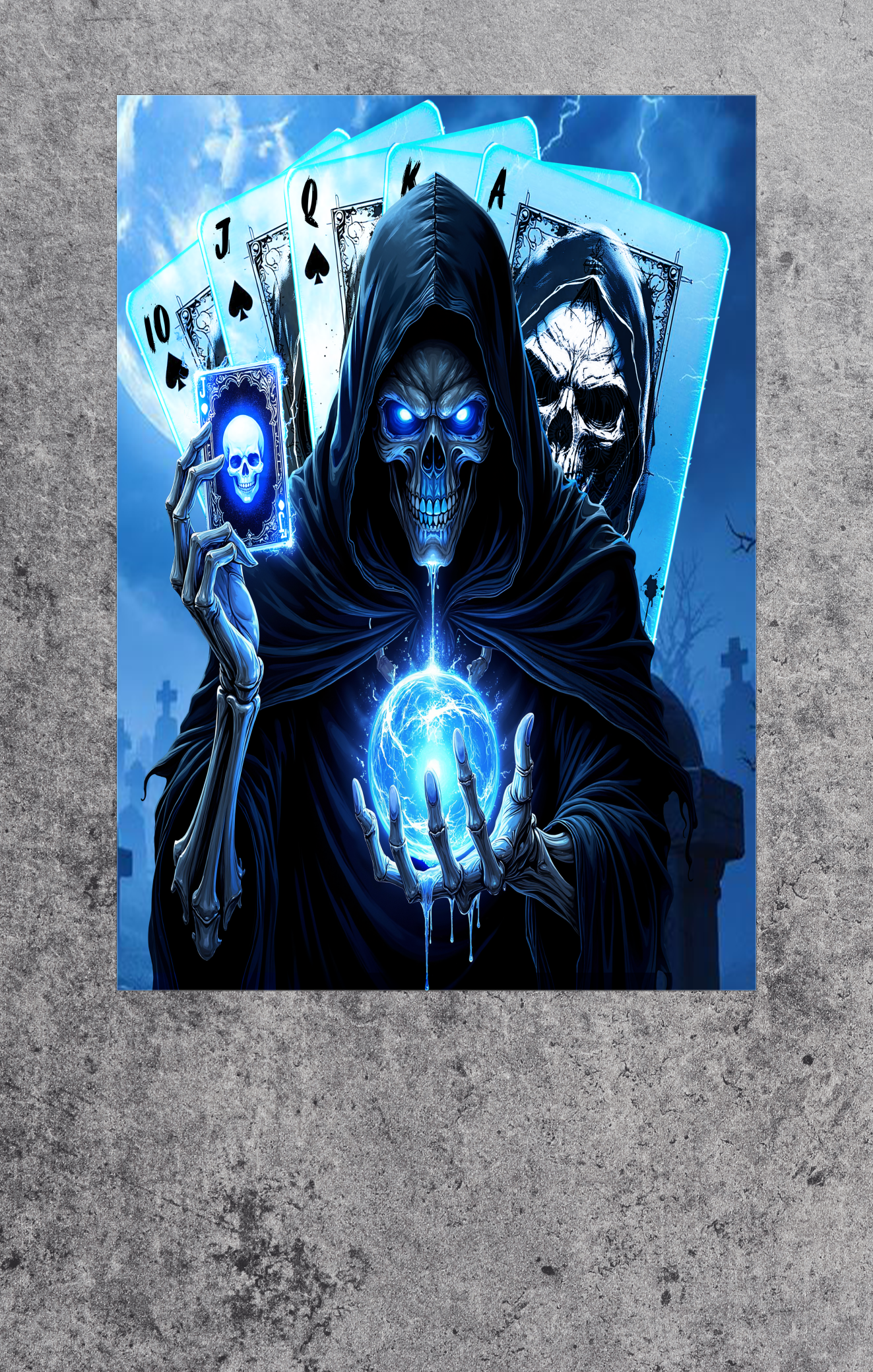 Skeletal figure in a hooded cloak holding cards with skull designs on a blue background.