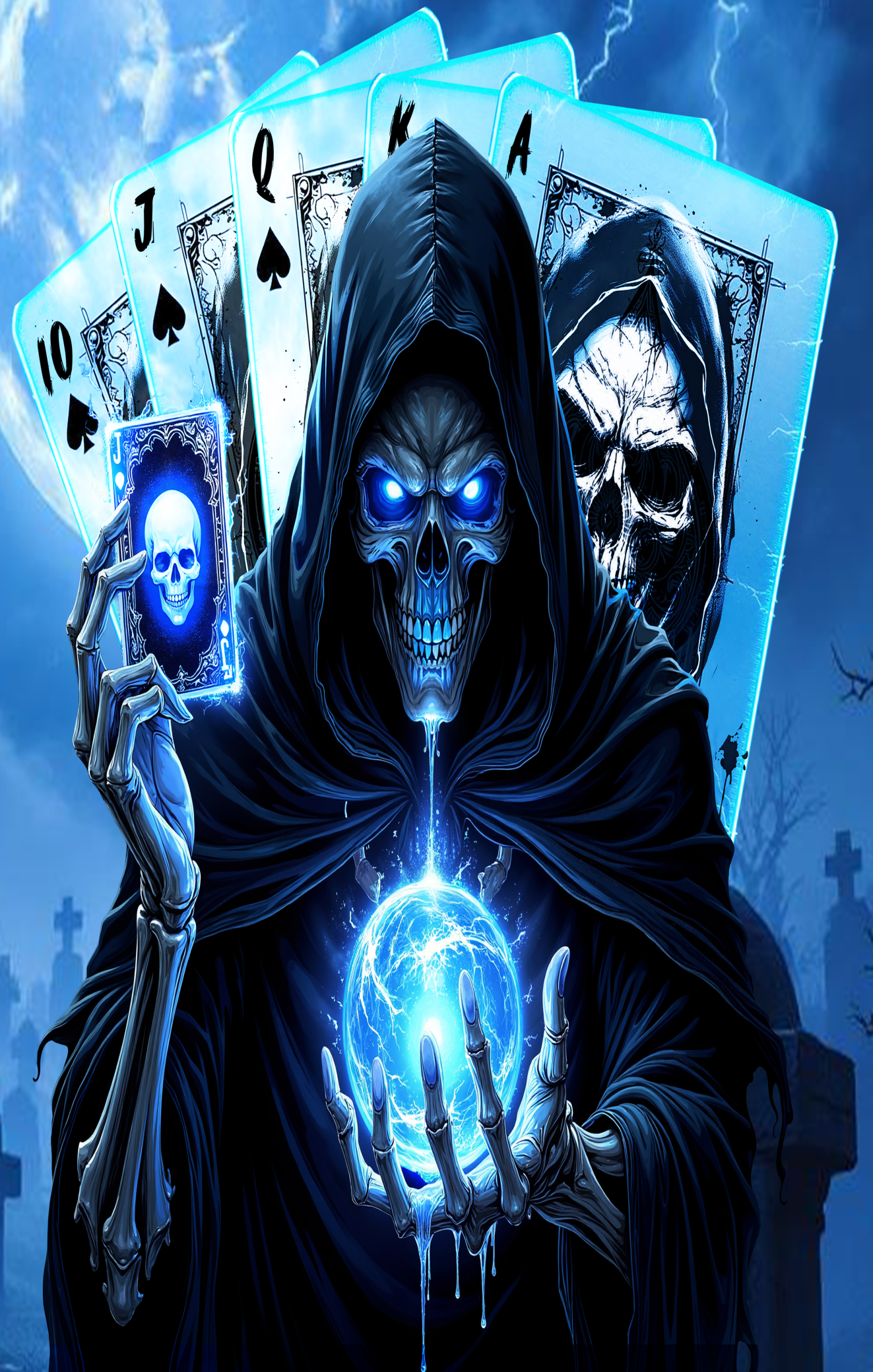 Skull in a hood with glowing blue energy and playing cards in a dark, mystical setting.