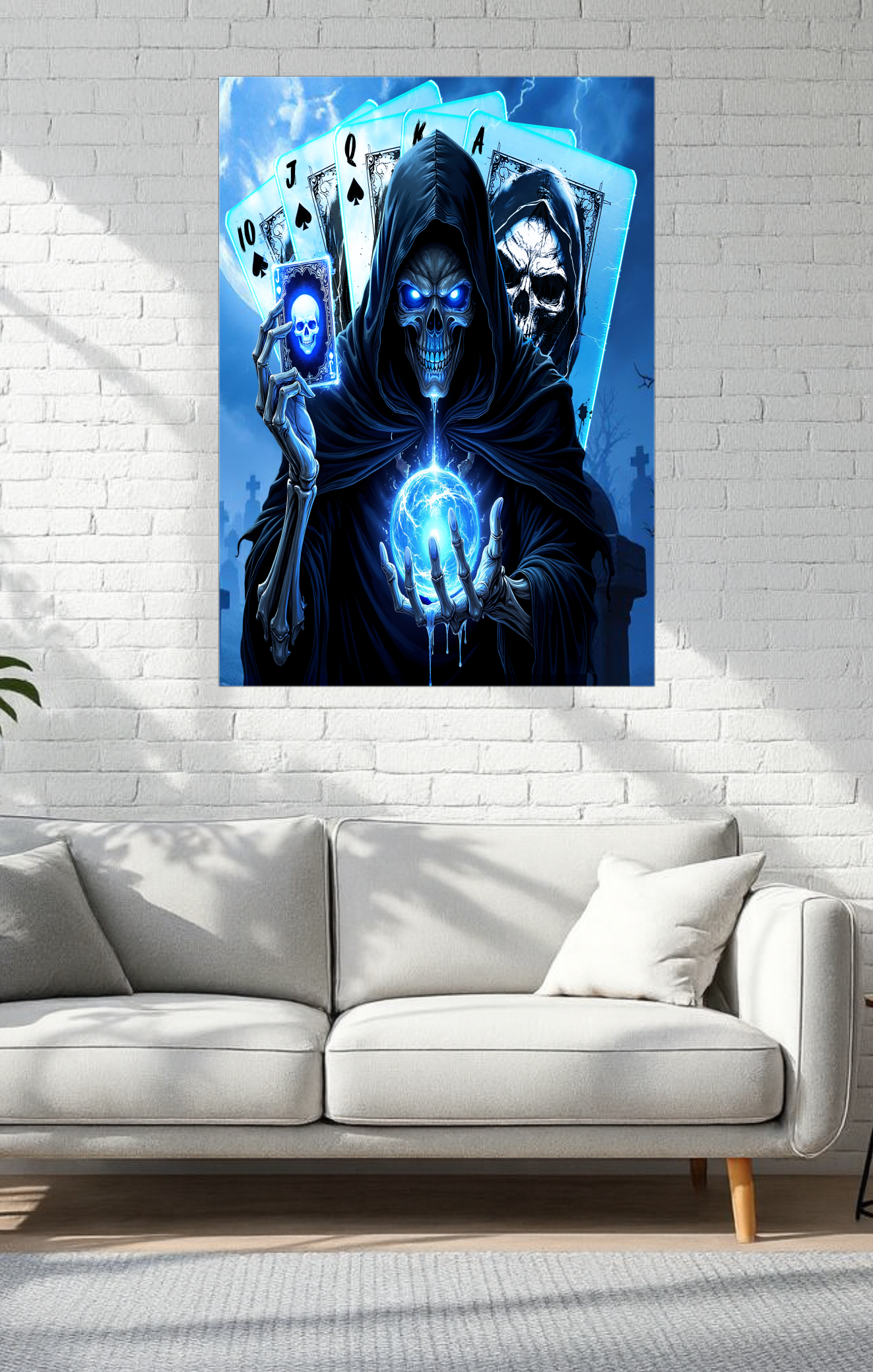 Framed artwork of a hooded figure with glowing blue hands on a white wall above a sofa.