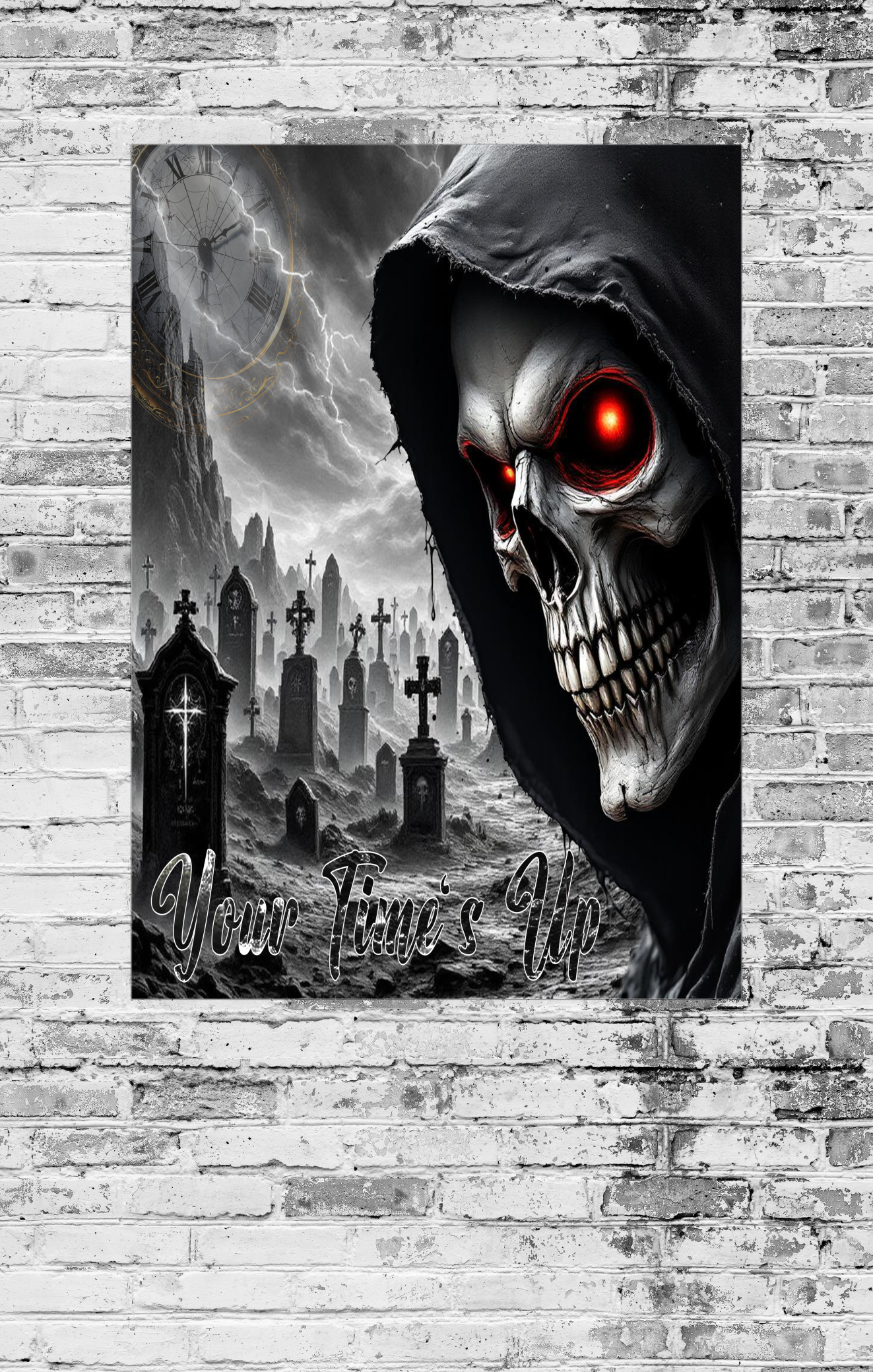 Gloomy cemetery scene with a hooded figure and 'Your True Life' text on a brick wall background.