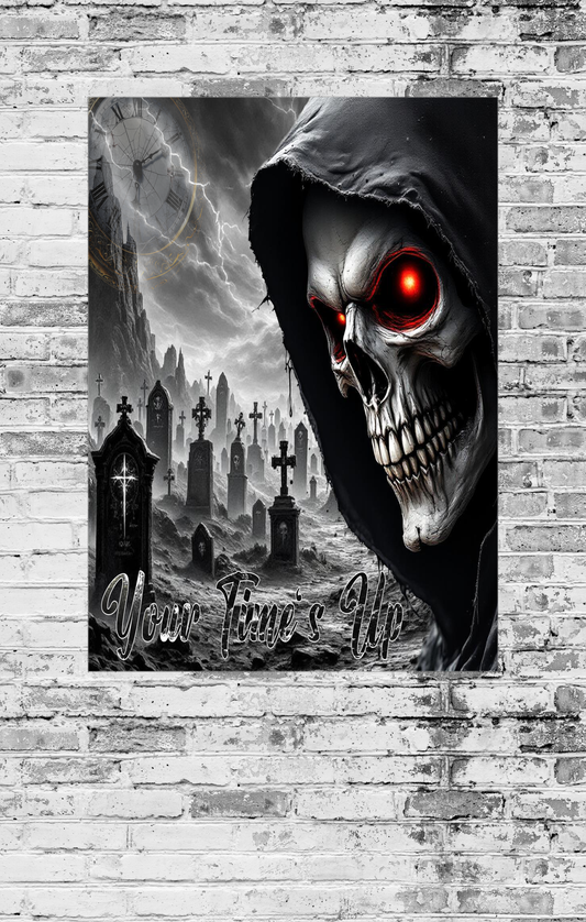 Gloomy cemetery scene with a hooded figure and 'Your True Life' text on a brick wall background.
