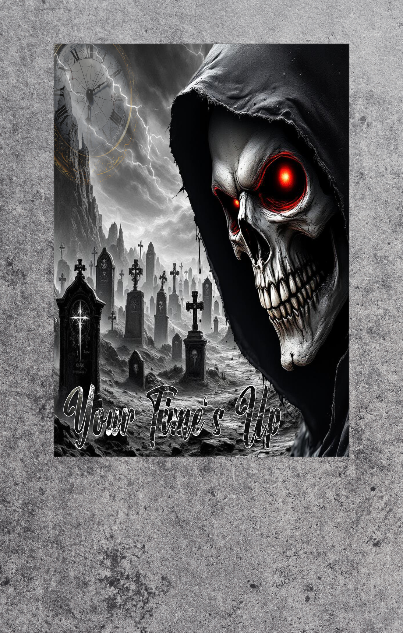Grim Reaper with red eyes in a cemetery setting on a textured gray background