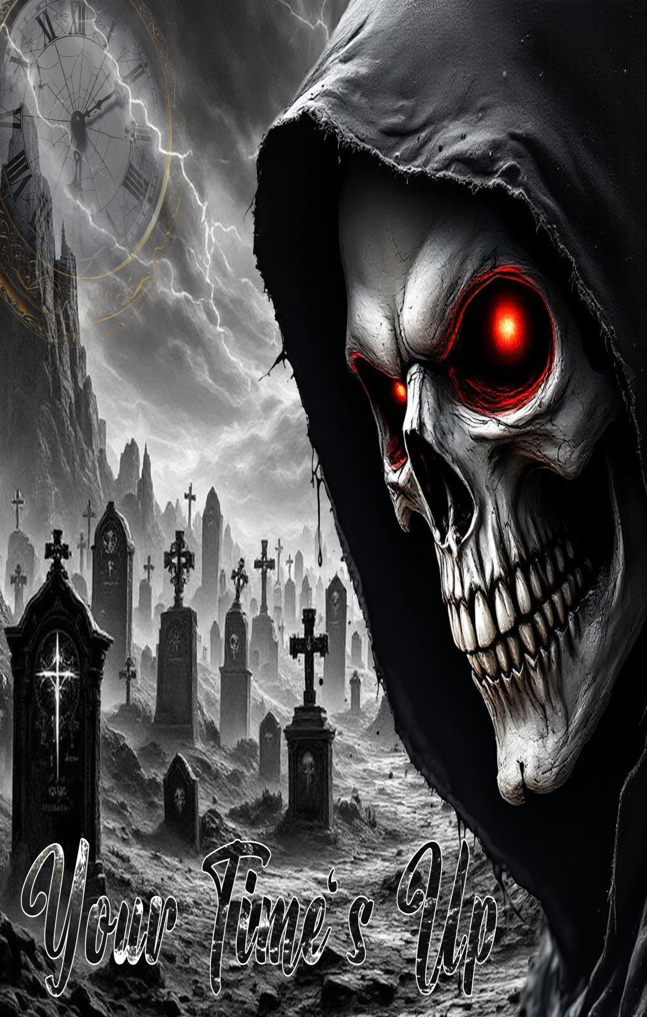Grim Reaper with red eyes in a cemetery with a clock tower and 'Your Time's Up' text.
