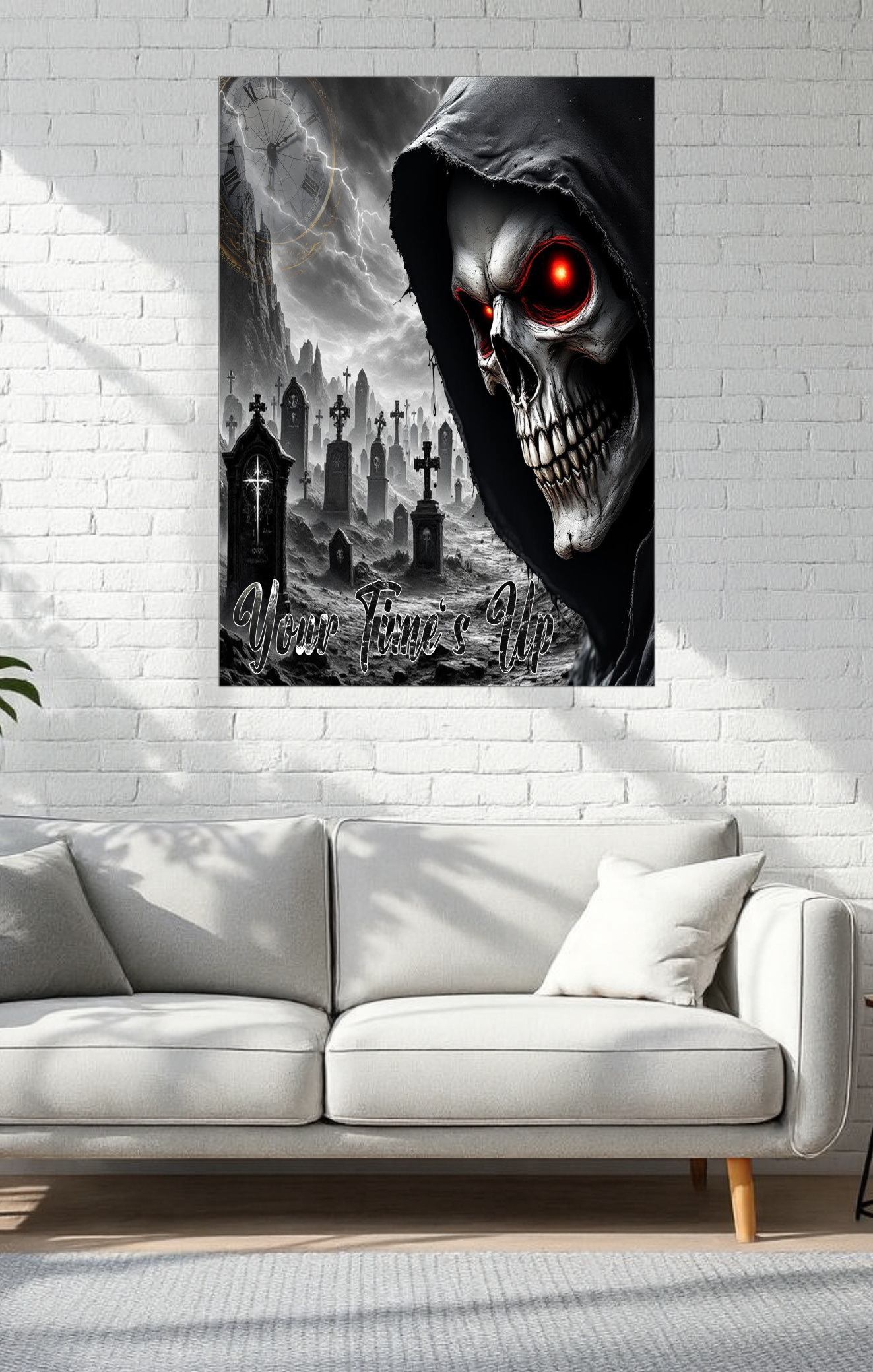Grim Reaper painting on a brick wall above a white sofa