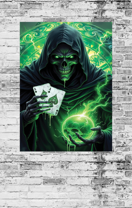 Poster of a green-skinned hooded figure holding playing cards on a brick wall background