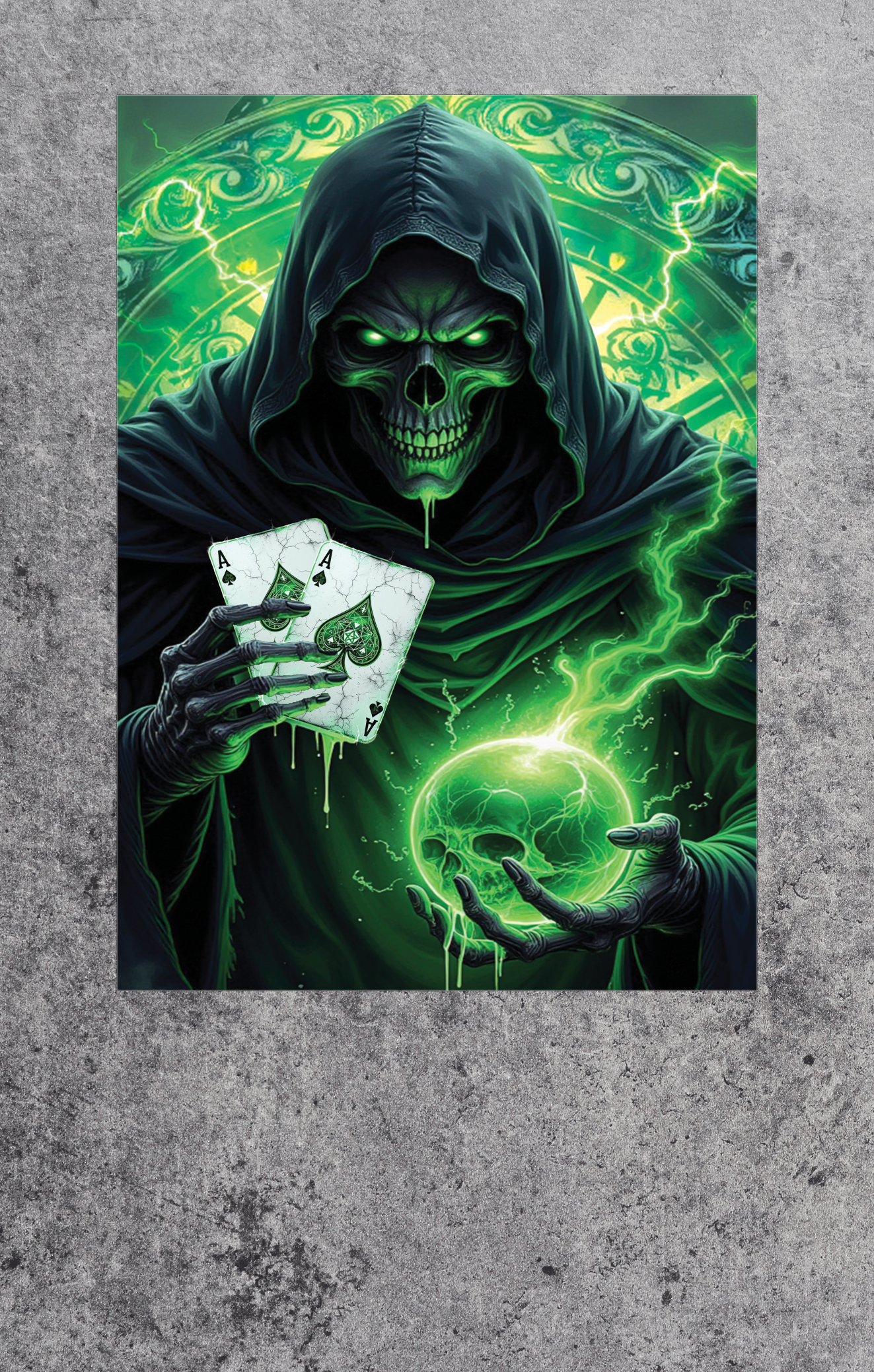 Green-skinned hooded figure with glowing green energy and cards on a textured gray background