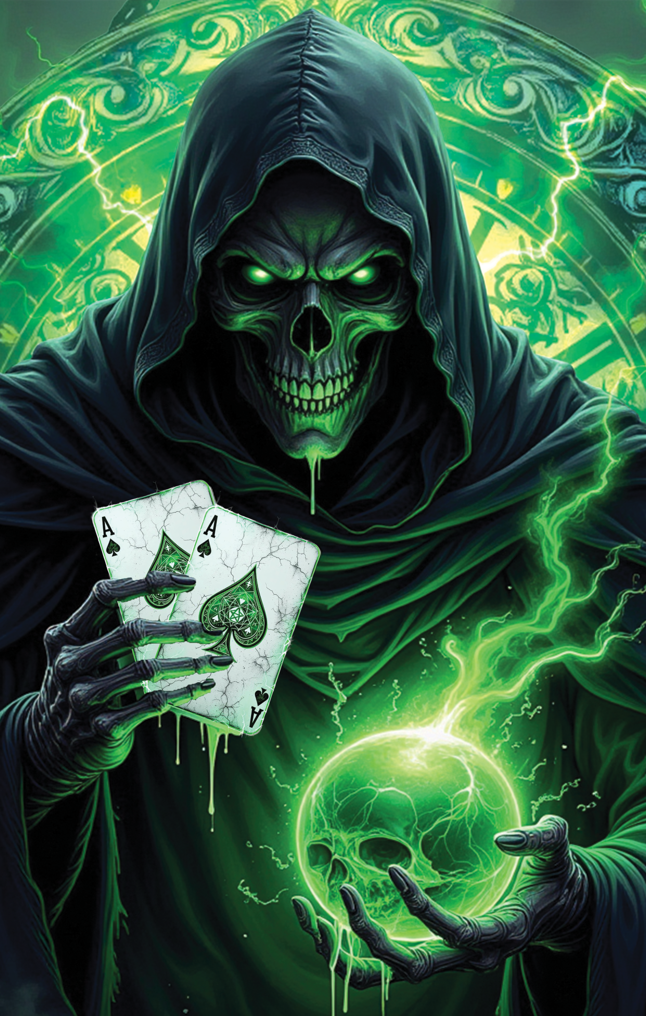 Green-skinned hooded figure holding a playing card and a glowing green sphere with intricate patterns in the background.