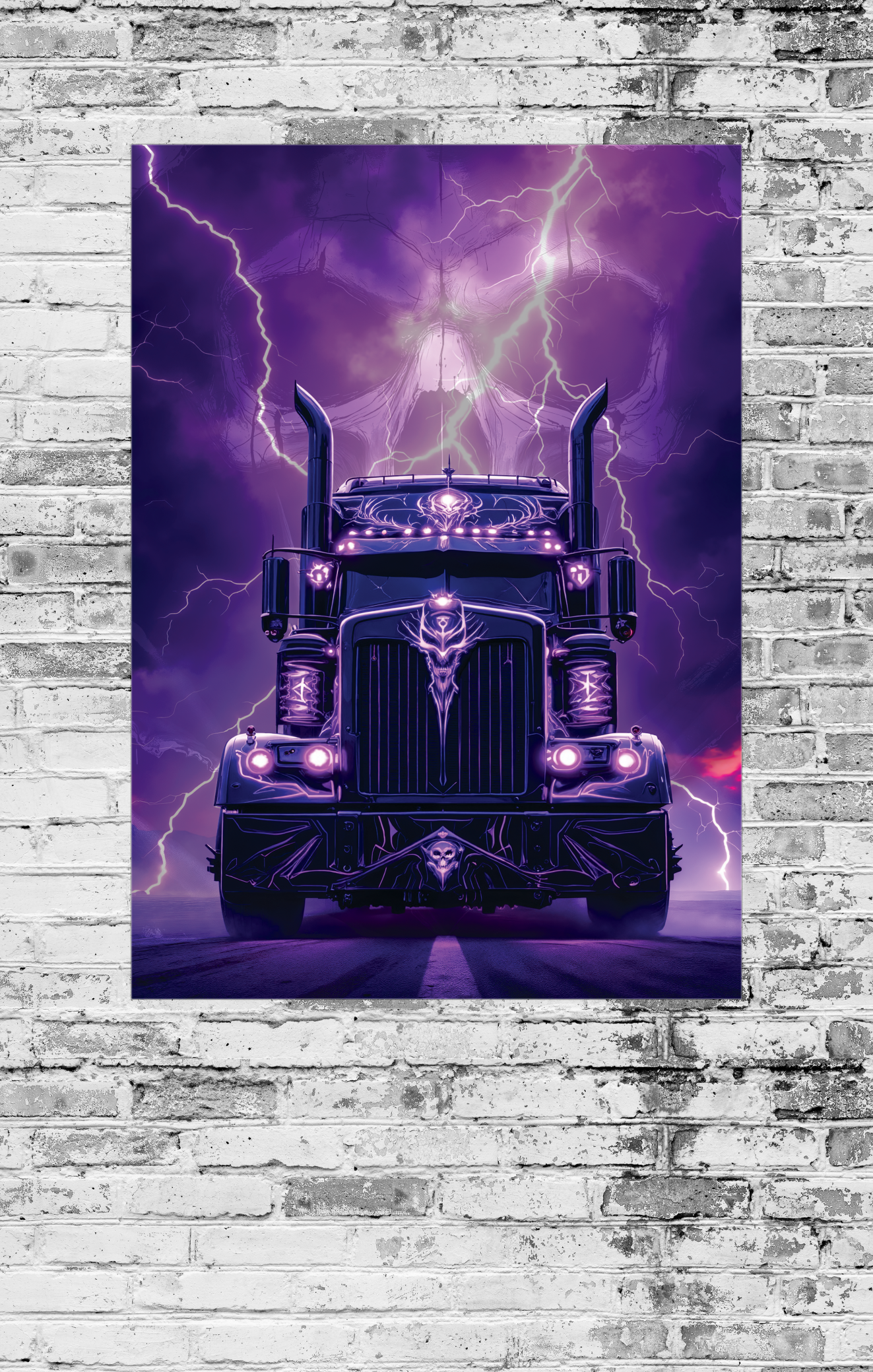 Truck with purple lightning design on a brick wall