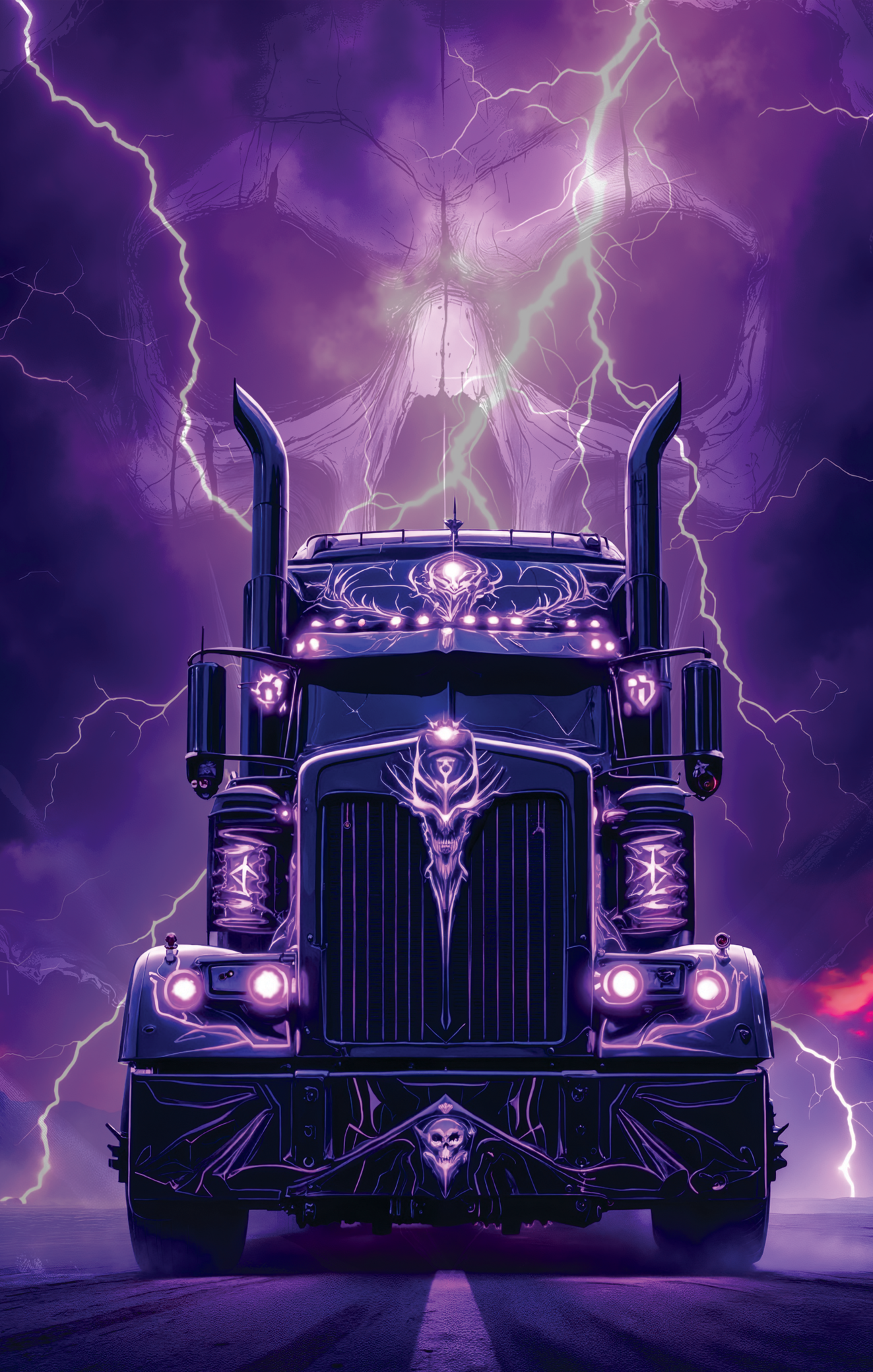 Stylized truck with a dark purple and black color scheme against a dynamic lightning background.