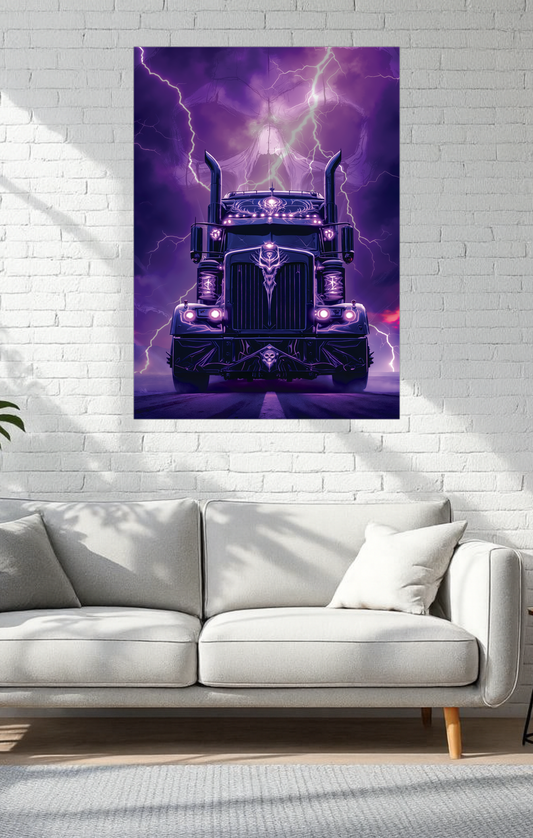 Futuristic truck design on a purple background above a white sofa.