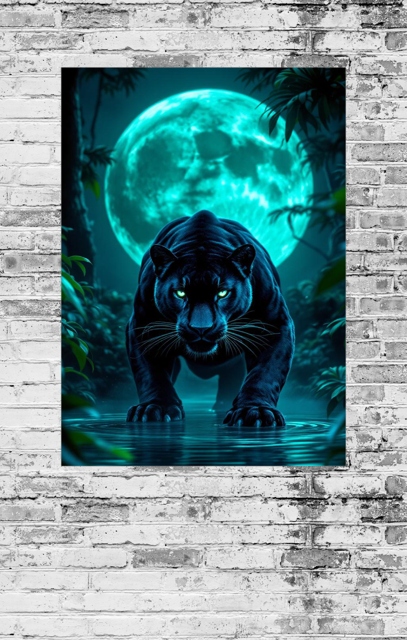 Poster of a black panther with glowing eyes against a moonlit sky on a brick wall.
