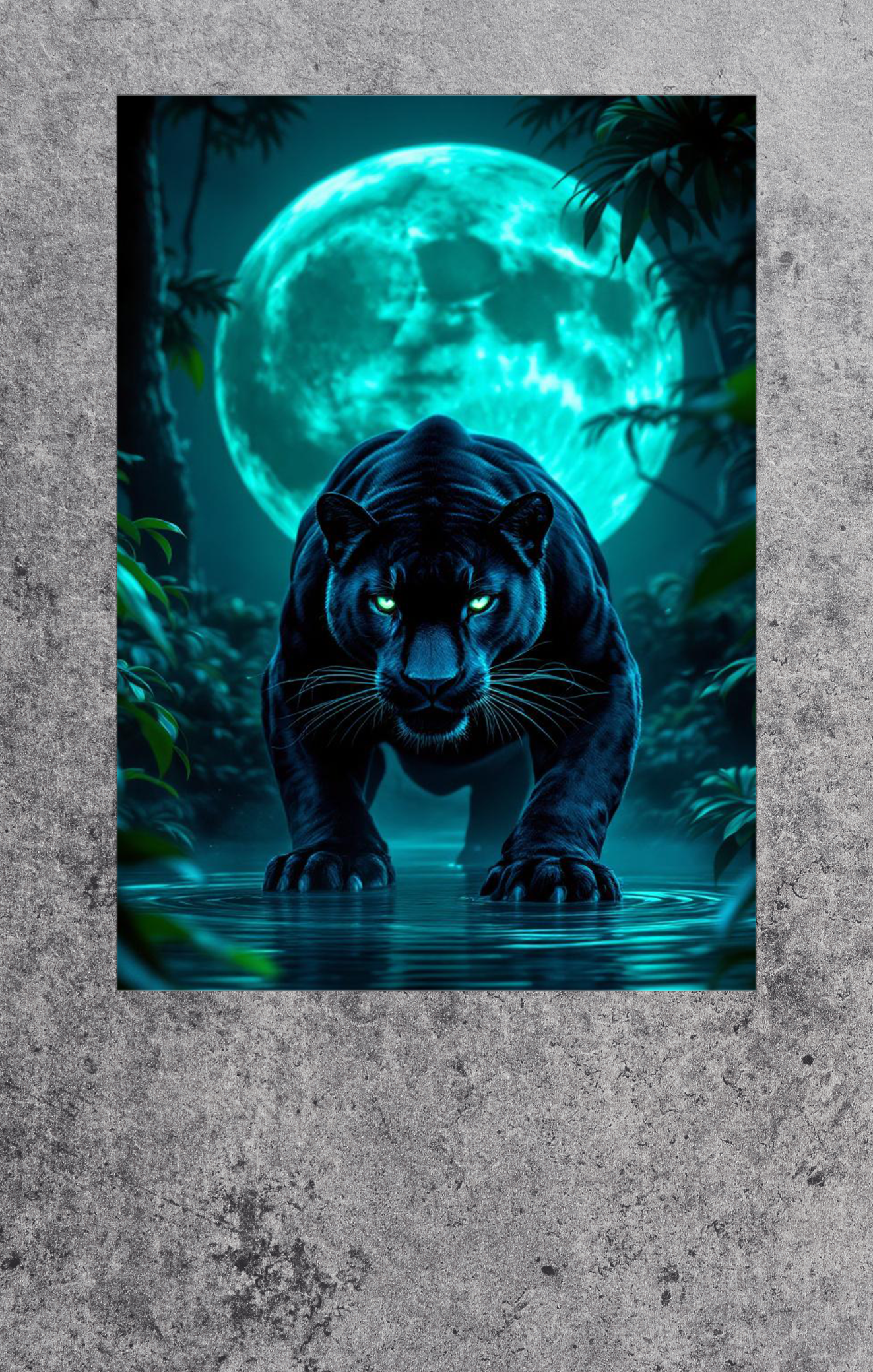 Black panther in a forest with a glowing moon