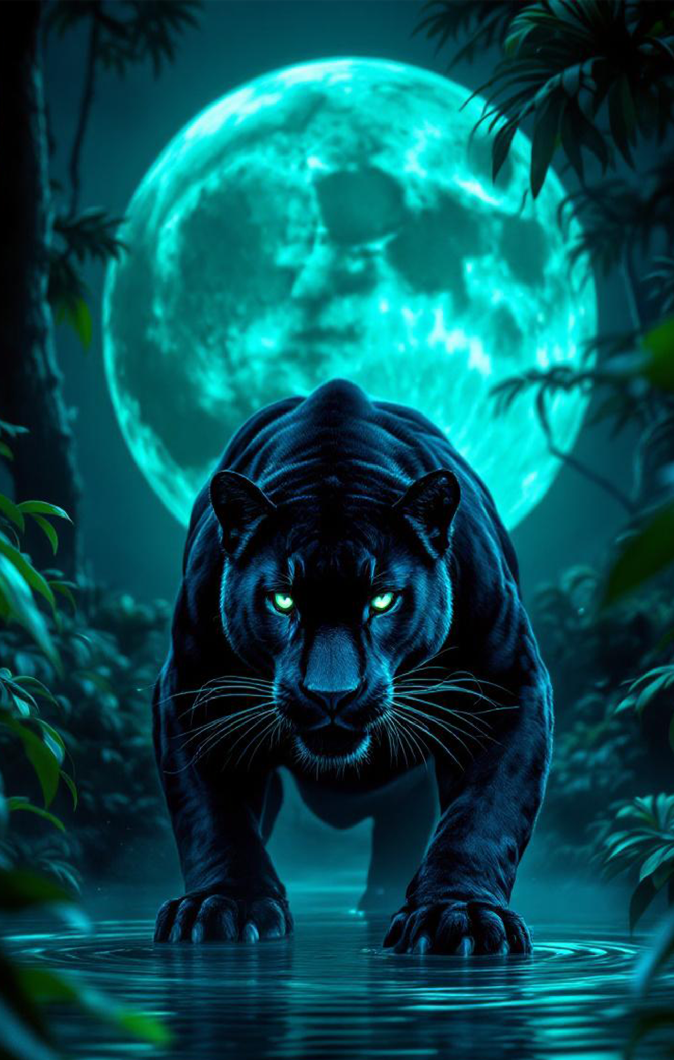 Black panther in a forest with a glowing moon