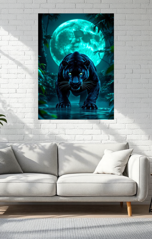 Poster of a panther in front of a moonlit sky on a white brick wall above a sofa.