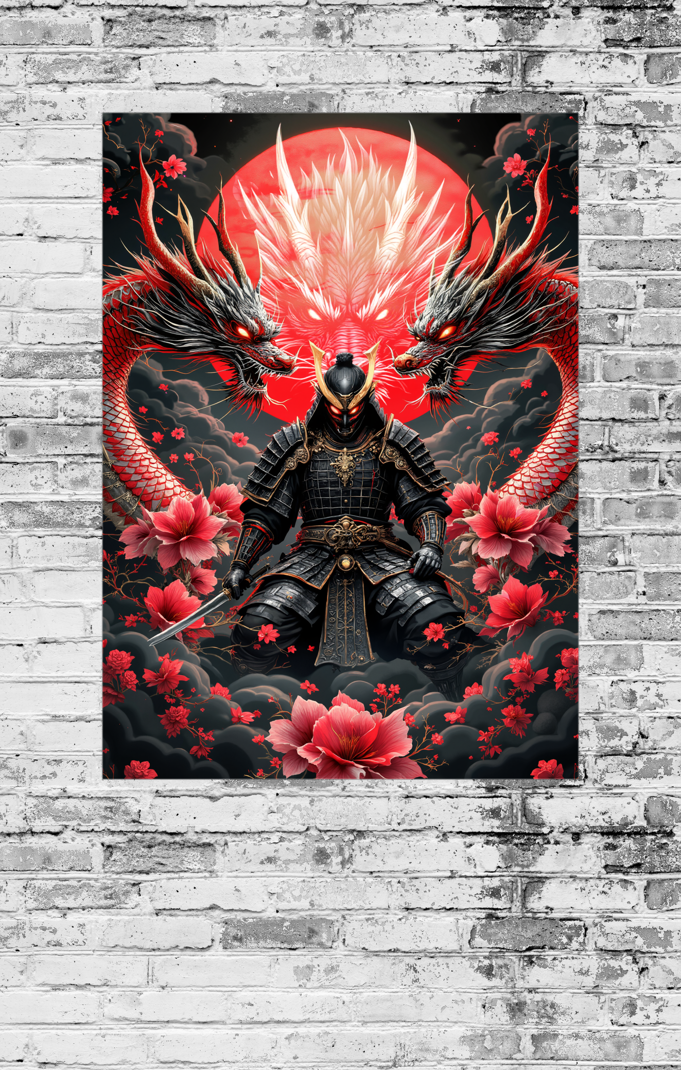 Poster of a samurai with red flowers and dragons on a textured wall.