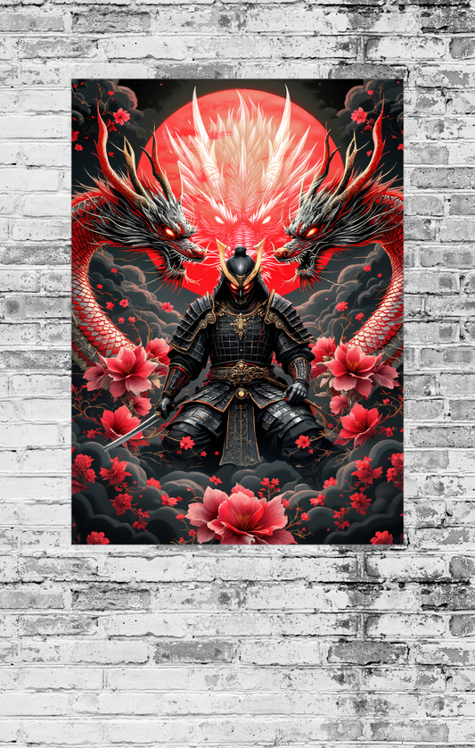 Poster of a samurai with red flowers and dragons on a textured wall.