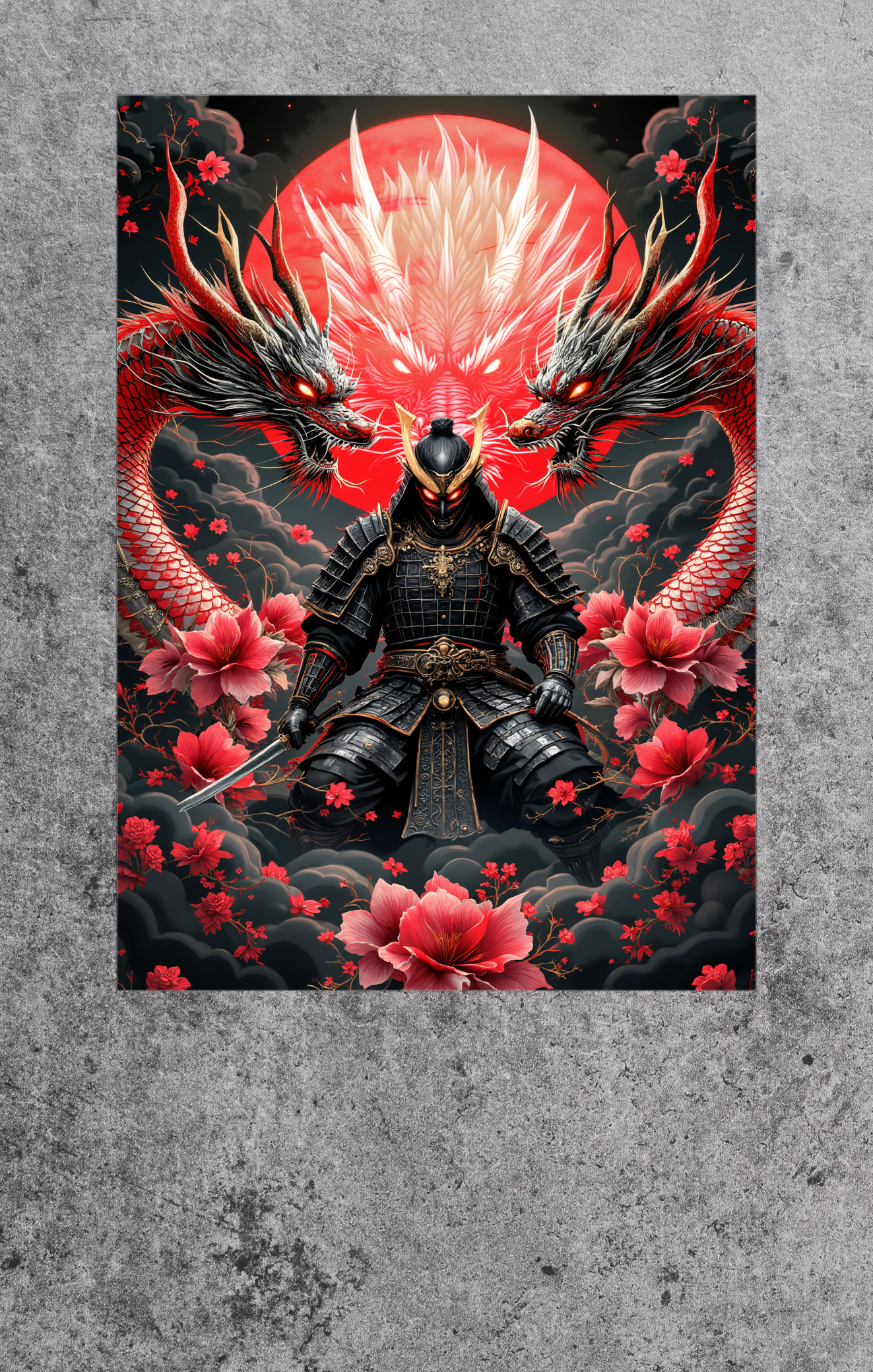 Samurai warrior with red dragon and floral elements on a textured gray background