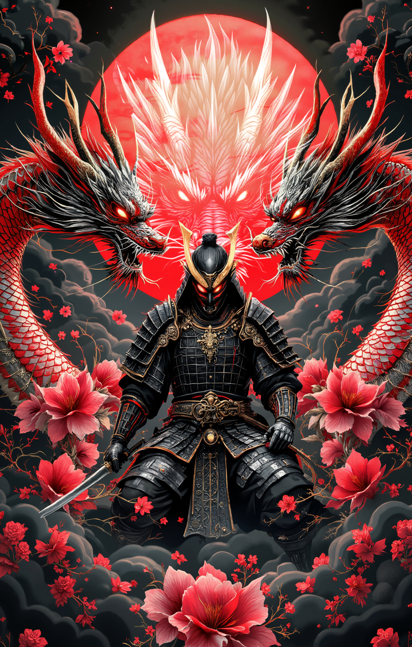 Samurai warrior with two dragons and a red sun in the background