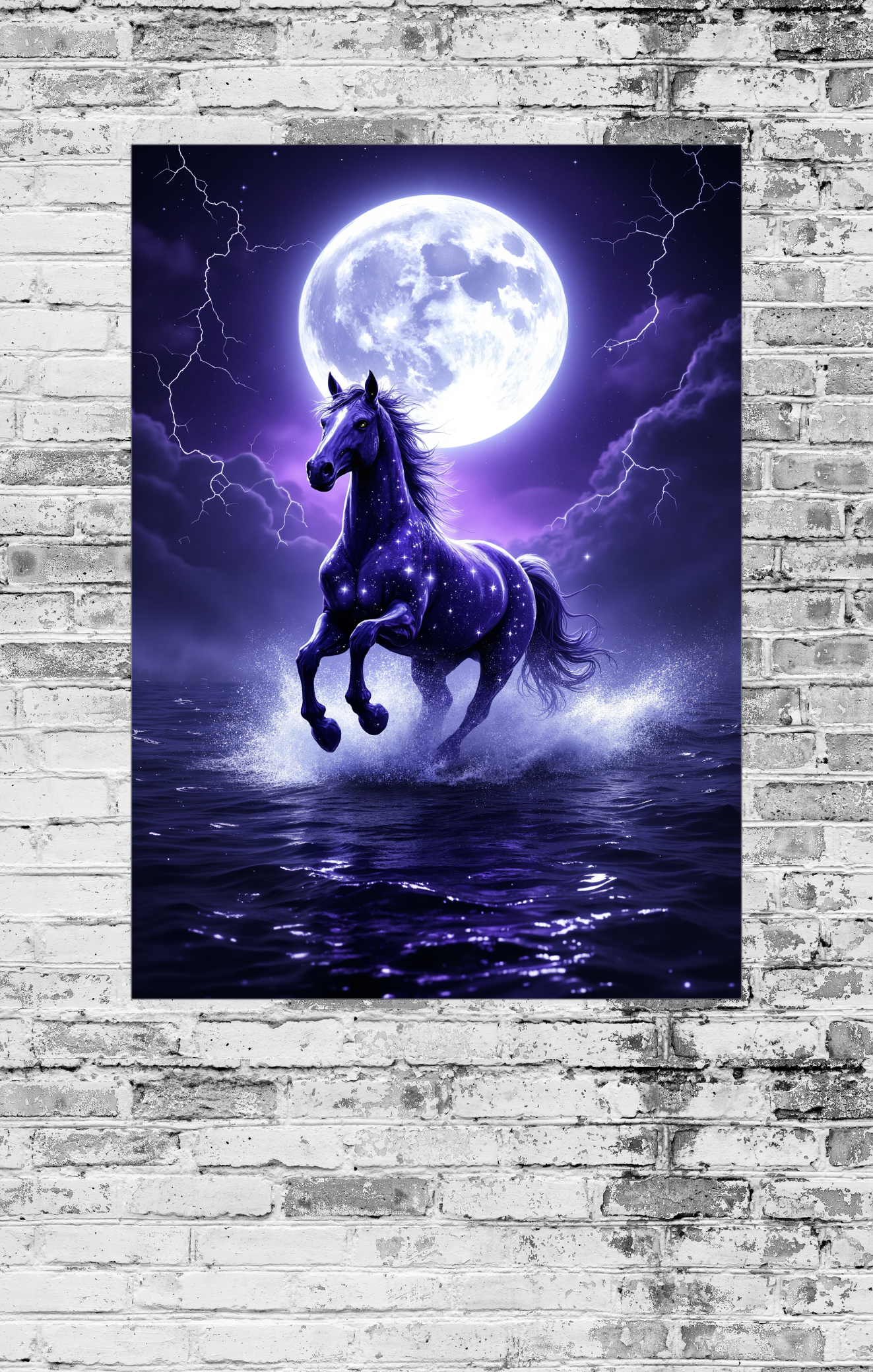 Framed artwork of a horse in water with a full moon and lightning on a brick wall.