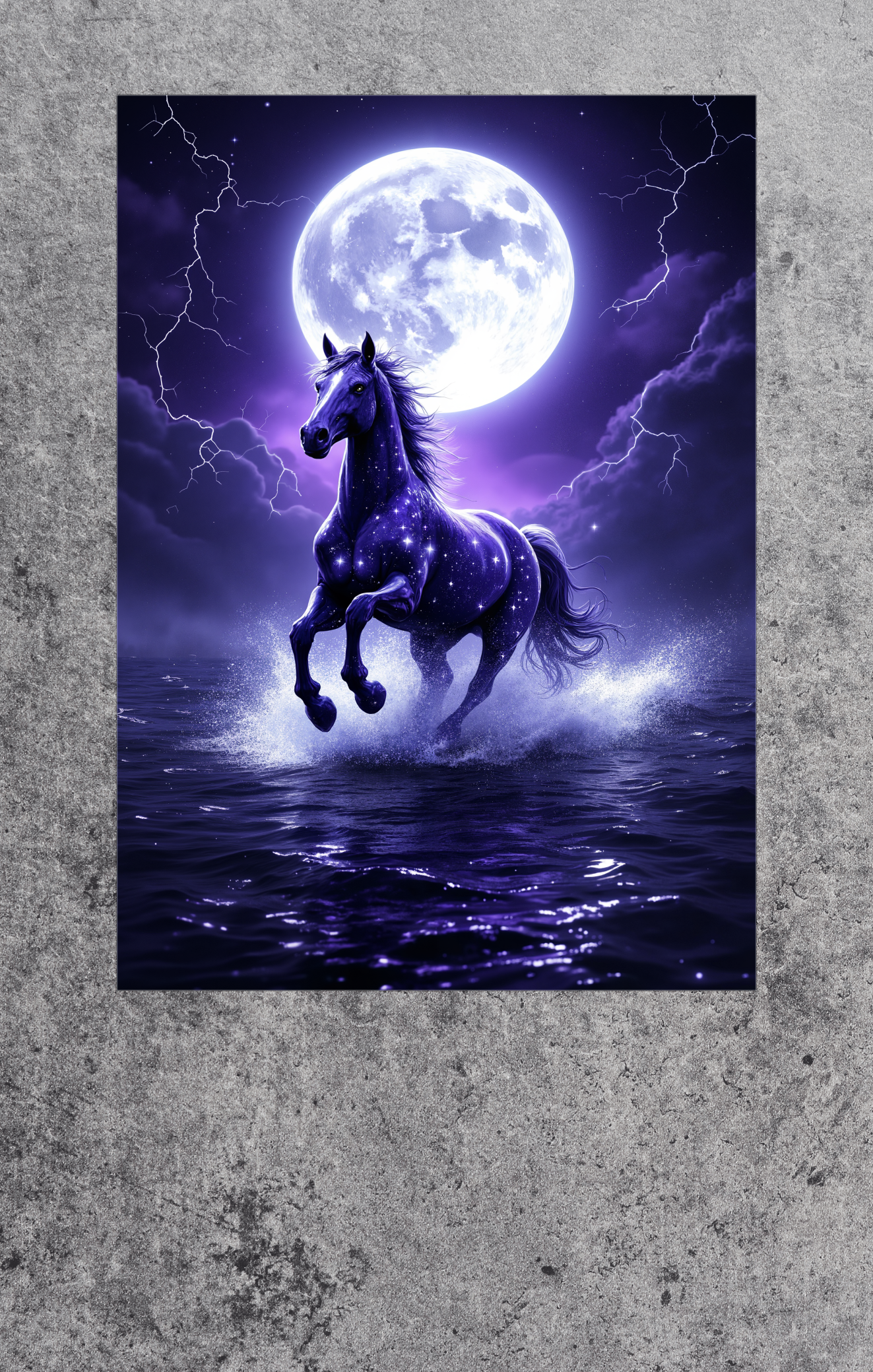 Horse in water with a full moon and lightning in the background