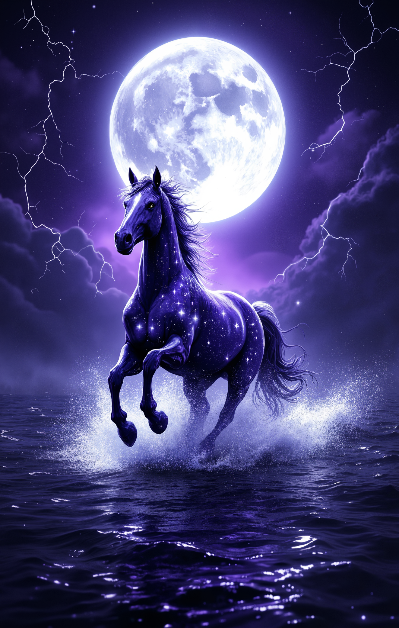Horse in water with a full moon and lightning in the background