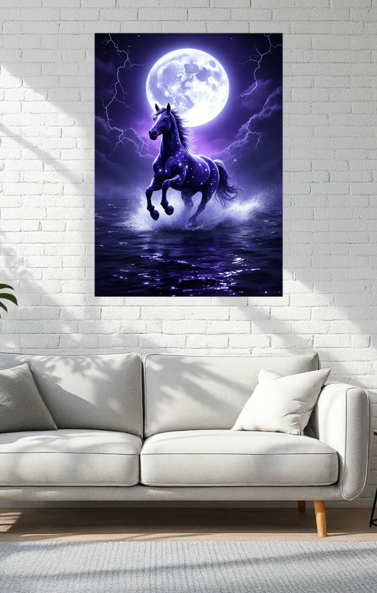 Framed artwork of a horse leaping in front of a full moon on a wall above a white sofa.