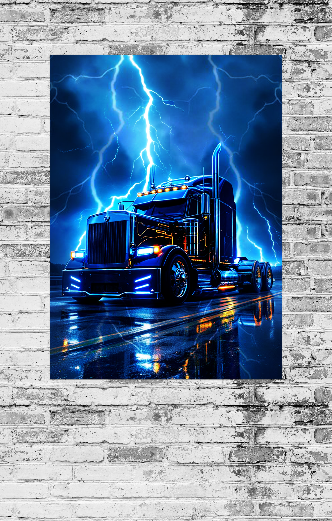 Truck with blue lightning effect on a brick wall background