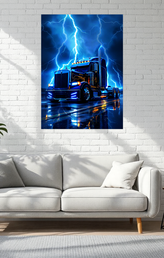 Truck painting with lightning effect on a white brick wall above a gray sofa.