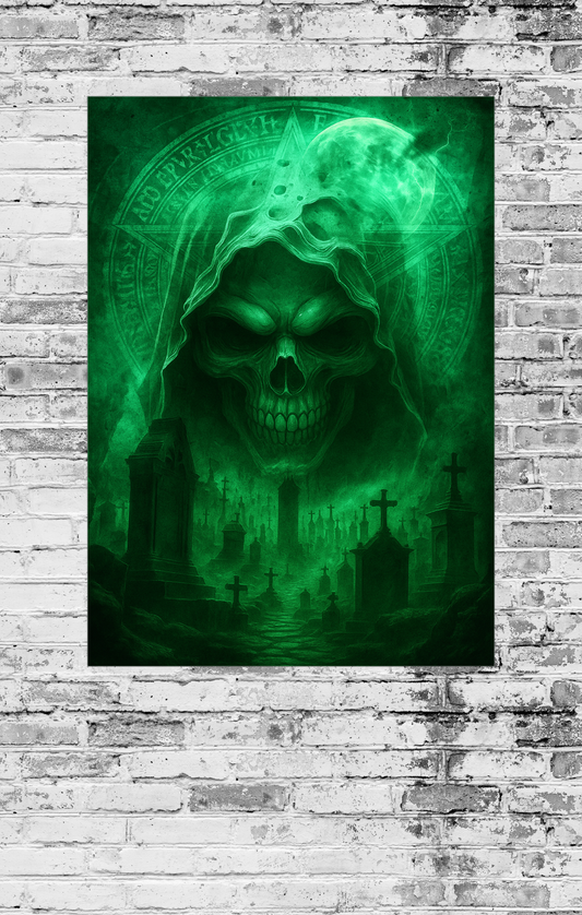 Green ghostly figure with a skull face on a brick wall background