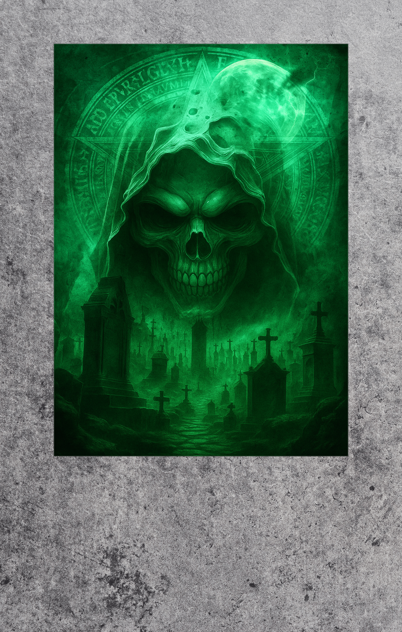 Green ghostly figure with skull face on a textured gray background