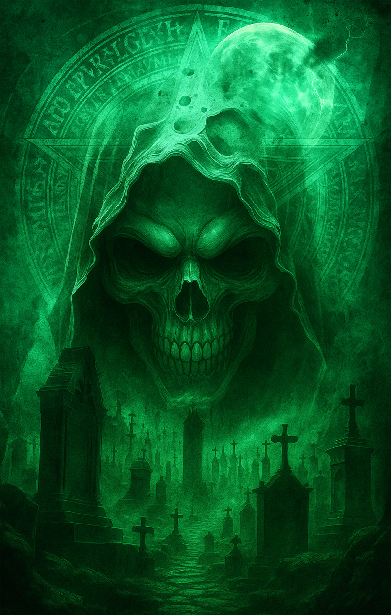 Glowing green skull with hood in a cemetery setting