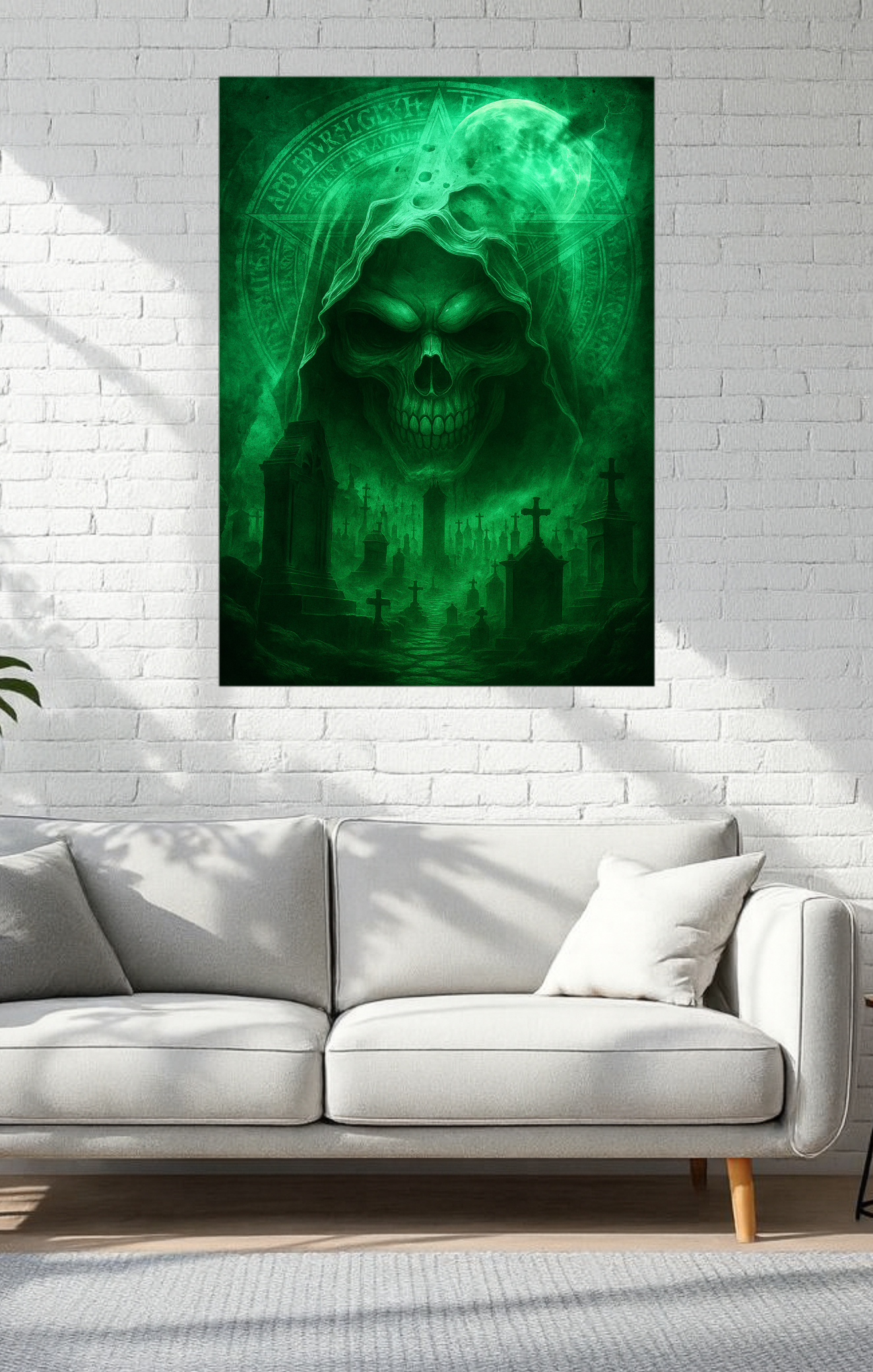 Green ghostly figure painting on a white brick wall above a gray sofa.