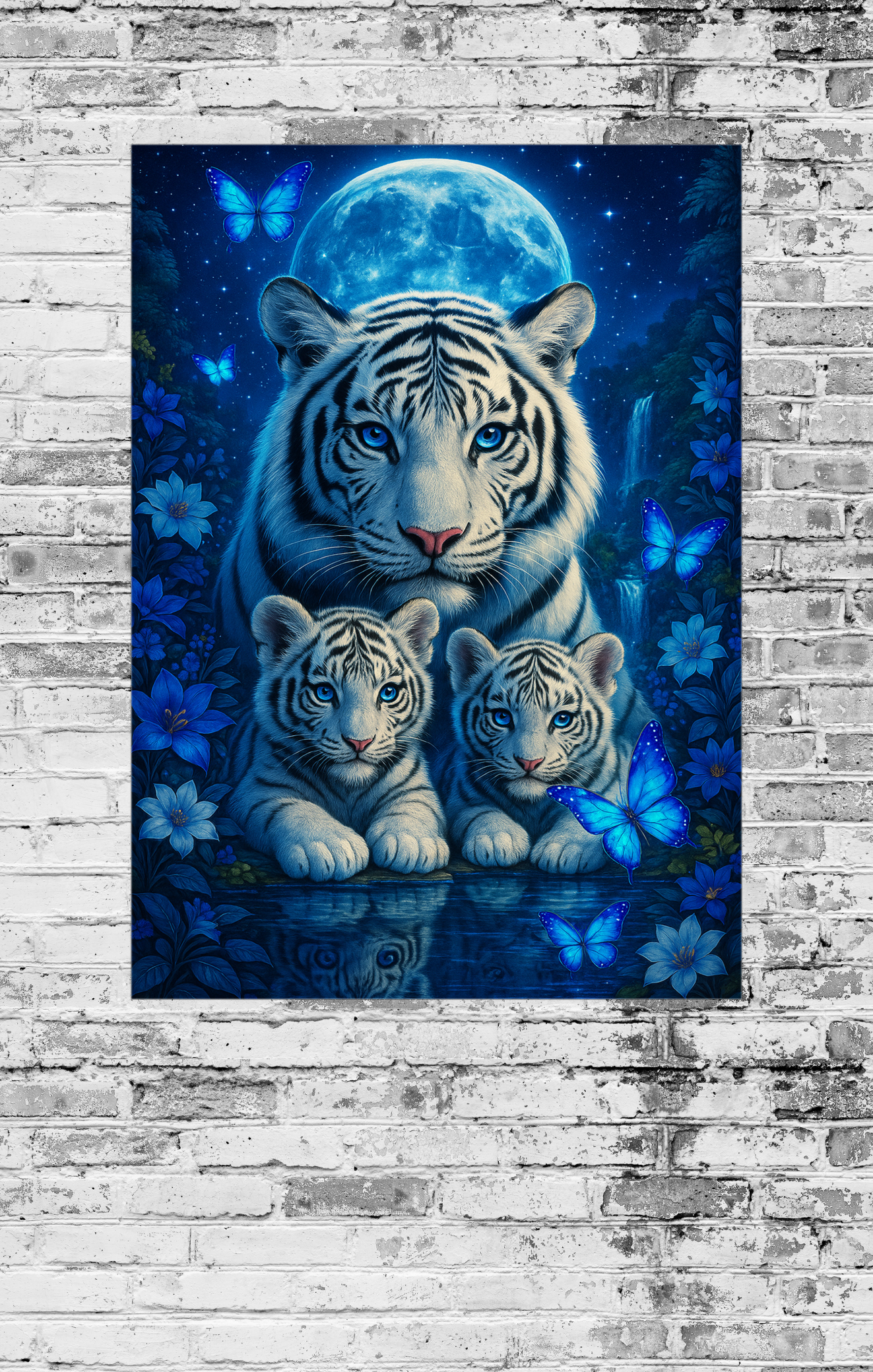 Framed artwork of a white tiger and two cubs with a blue moon and butterflies on a brick wall.