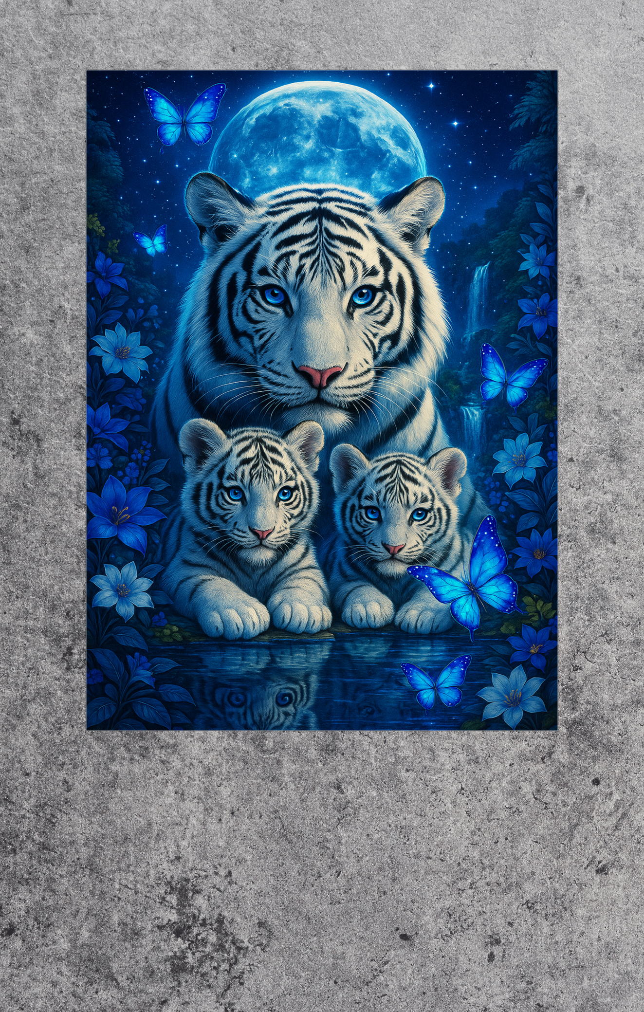 Framed artwork of a white tiger and two cubs with a blue moon and butterflies on a textured gray background.