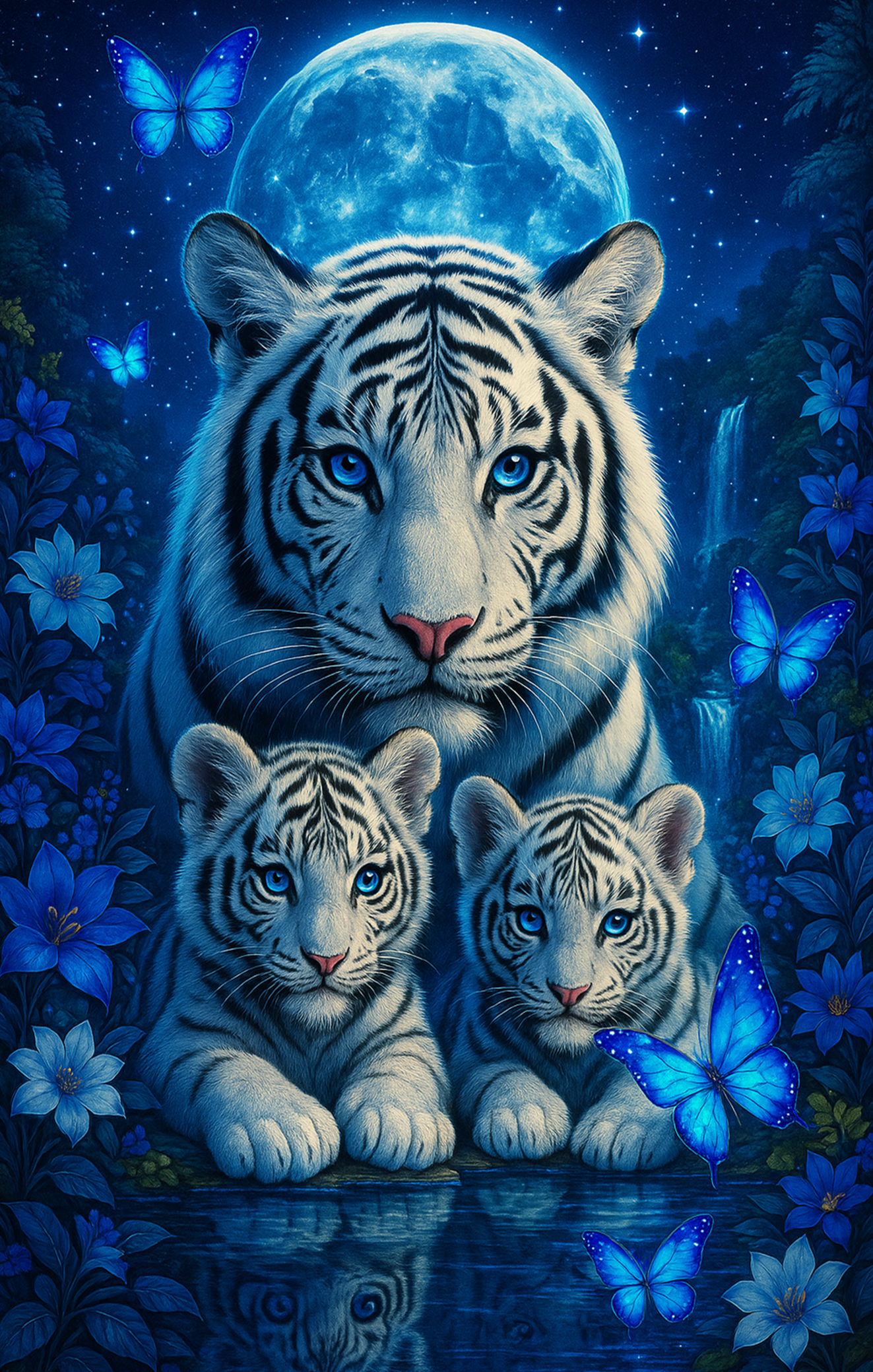 White tiger and cubs with blue eyes surrounded by butterflies and flowers under a full moon.