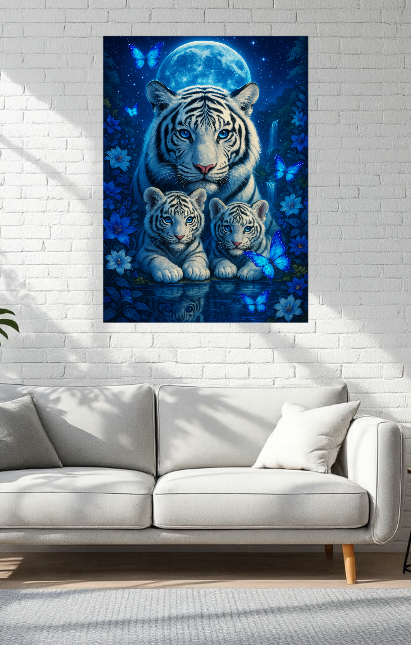 Framed artwork of a tiger and two cubs under a moonlit sky in a modern living room.
