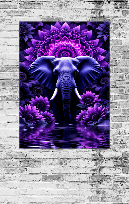 Decorative poster of an elephant with purple mandala design on a brick wall.