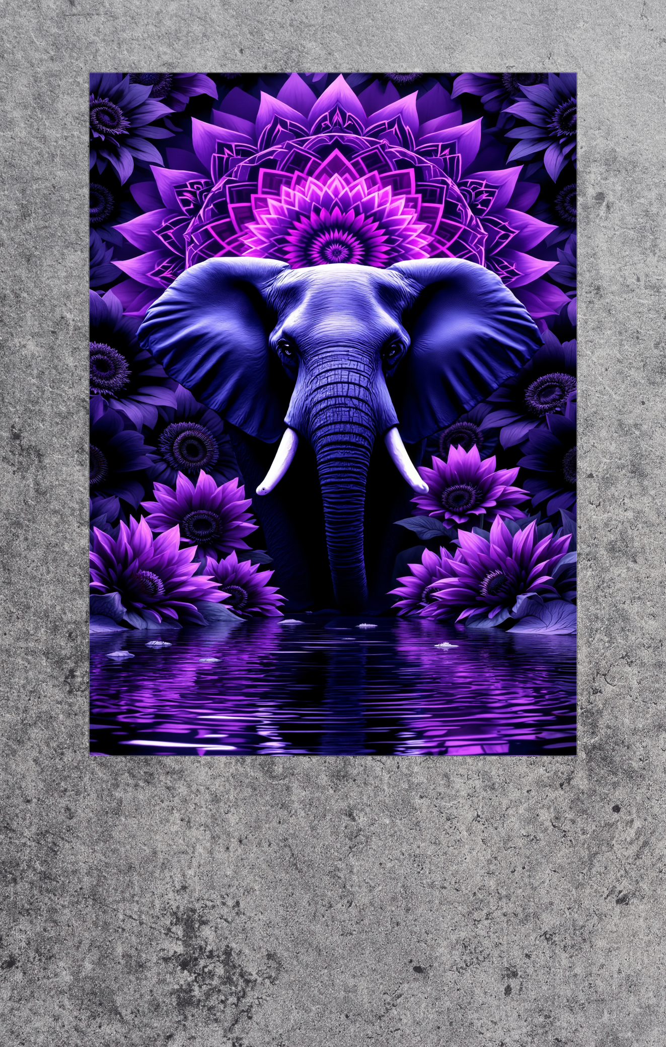 Purple elephant and floral design on a textured gray background