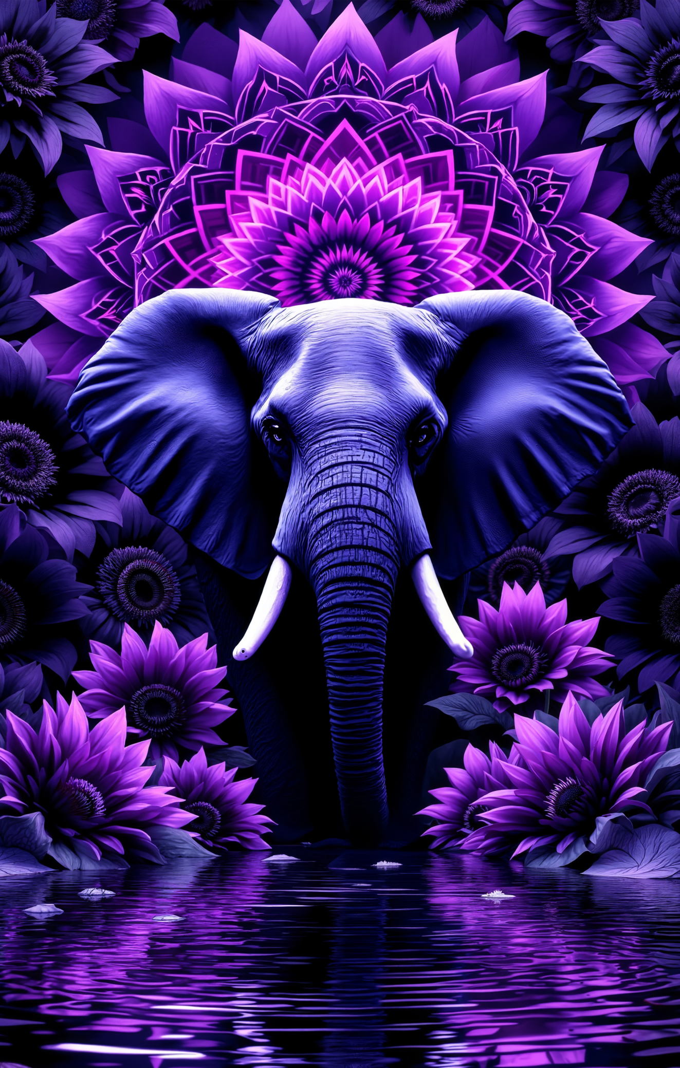 Purple elephant with mandala and flowers in a reflective water setting