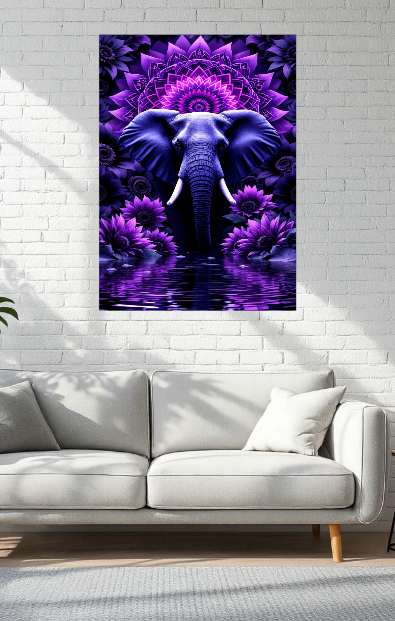 Decorative poster of an elephant and mandala design on a wall above a white sofa.