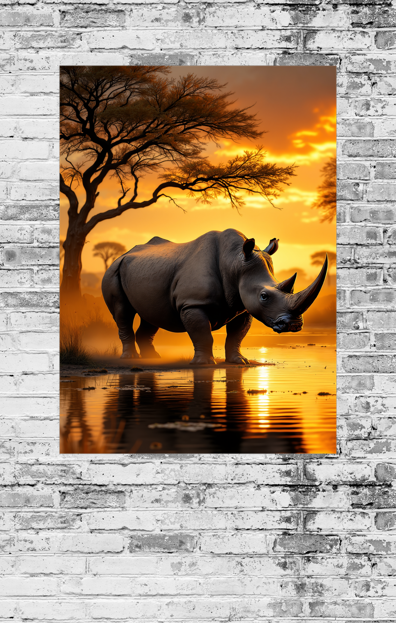 Rhino standing in water with a sunset and tree silhouette in the background