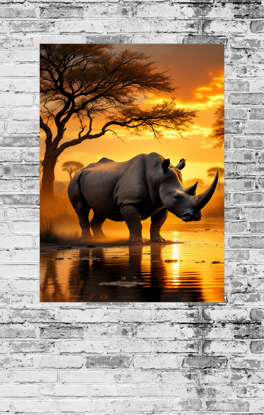 Rhino standing in water with a sunset and tree silhouette in the background