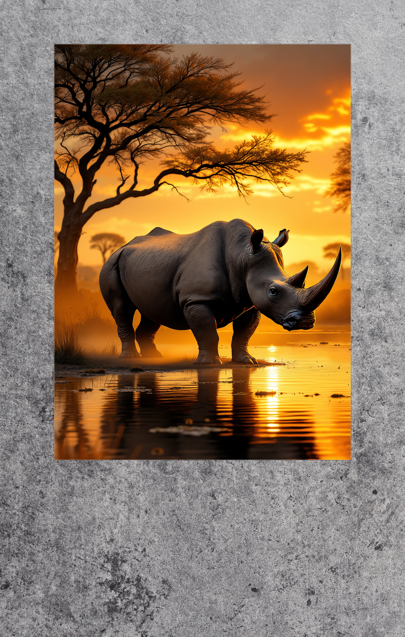 Rhino standing in water with a sunset sky and tree in the background