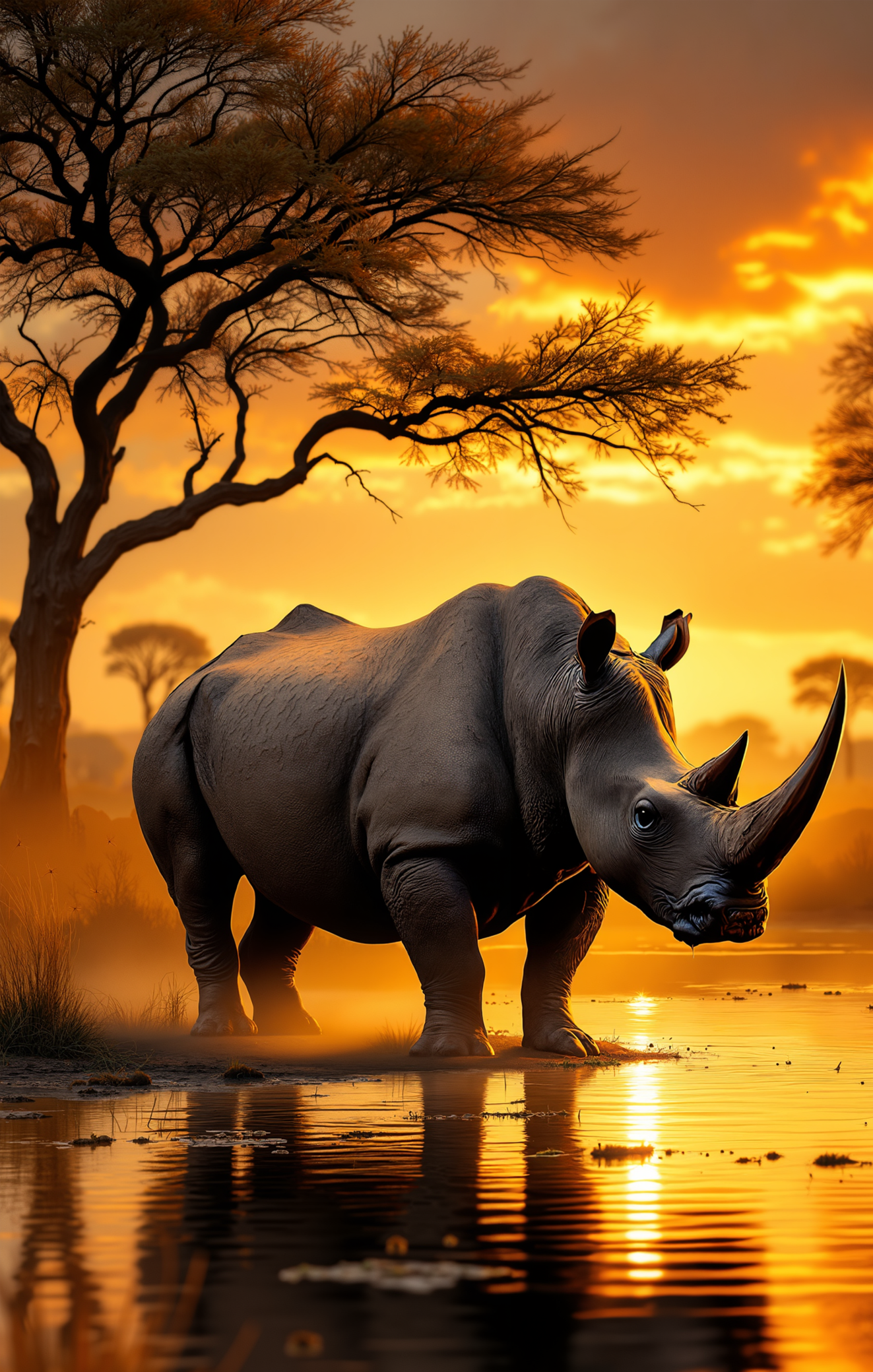 Rhino standing in water with a sunset and tree in the background