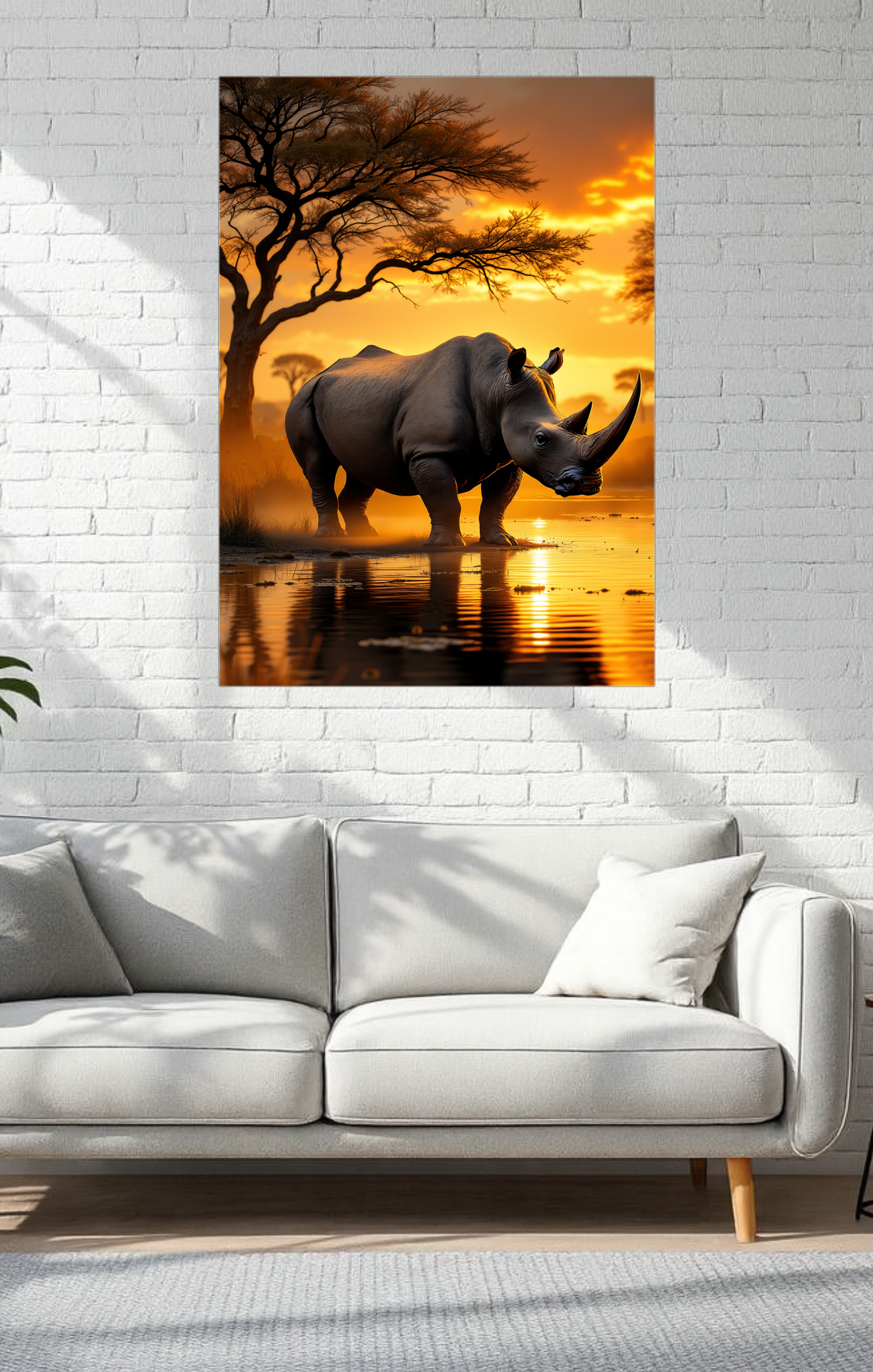 Poster of a rhino at sunset on a white brick wall above a gray sofa.