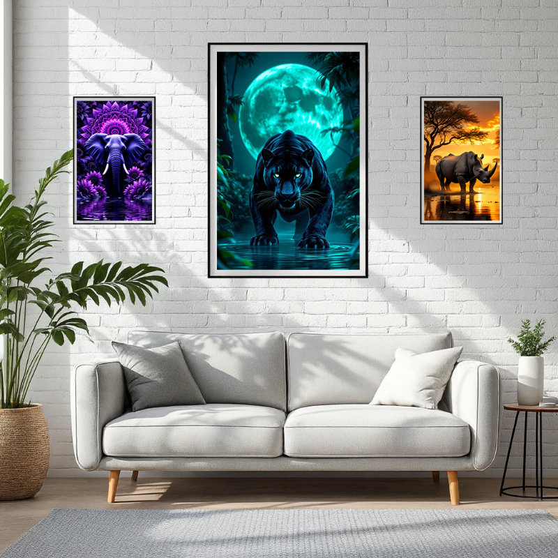 Living room with a white sofa, framed artwork of a panther, elephant, and rhino on a white brick wall.